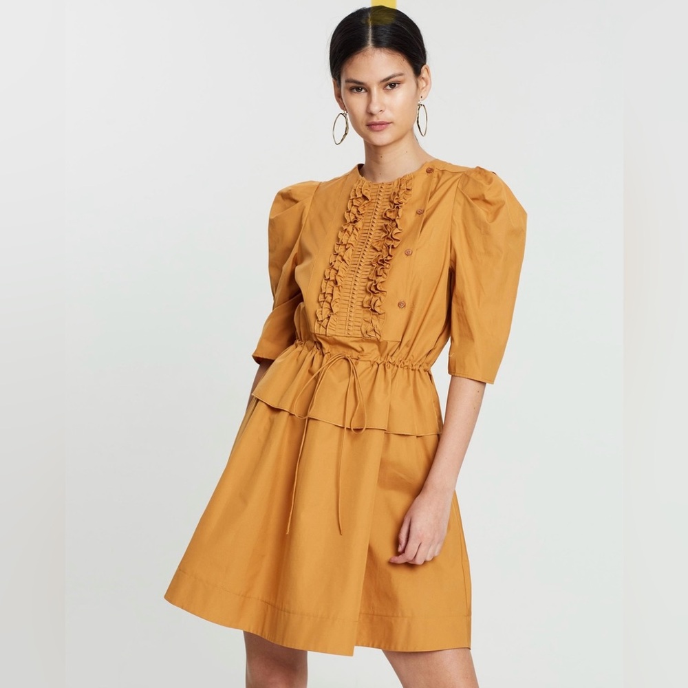 SEE BY CHLOÉ Khaki Puff-shoulder Cinched-waist Tie Ruffle Dress. - Size 44